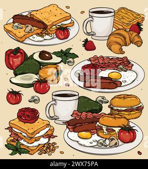 Classic breakfast cartoon set with eggs, toast and coffee. Vector color breakfast food on background. Classic breakfast set with bacon, eggs, toasts, Stock Vector