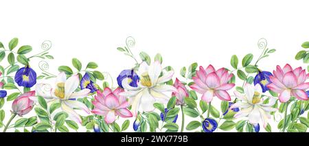 Blue clitoria ternatea and pink white waterlilies. Blooming flowers, green leaves. Seamless banner with lotus, anchan. Bud, flower, leaf, stem. Stock Photo