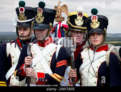 Napoleonic 21st Line Infantry Soldiers Regiment Carrying Eagle Standard & Symbol of France Stock Photo