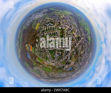 Luftbild, Wohngebiet Hühnerheide, ein neues und kinderfreundliches Wohngebiet, Erdkugel, Fisheye Aufnahme, Fischaugen Aufnahme, 360 Grad Aufnahme, tiny world, little planet, fisheye Bild, Hiesfeld, Dinslaken, Niederrhein, Nordrhein-Westfalen, Deutschland ACHTUNGxMINDESTHONORARx60xEURO *** Aerial view, residential area Hühnerheide, a new and child-friendly residential area, earth globe, fisheye image, 360 degree image, tiny world, little planet, fisheye image, Hiesfeld, Dinslaken, Niederrhein, Nordrhein Westfalen, Germany ACHTUNGxMINDESTHONORARx60xEURO Stock Photo