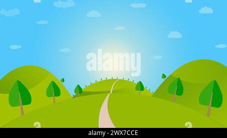 Illustration of a cartoon country road leading to the mountains, set against a backdrop of either spring or summer, perfect for vacation, travel, and Stock Photo