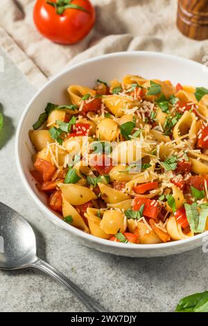 Italian Homemade Chonchiglie Pasta with Tomato and Basil Stock Photo