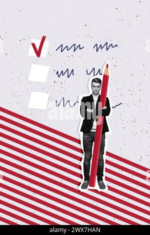 Collage image of handsome attractive man hold large pen notice complete working tasks weekly plan isolated on creative drawing background Stock Photo