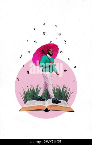 Abstract template graphics collage image of smiling guy walking under book letters rain isolated white color background Stock Photo