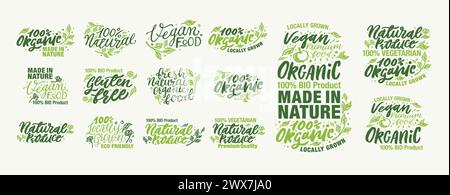 Organic Product, Made in Nature and Locally Grown Vegan logos and elements collection for food market, ecommerce, products promotion, healthy life Stock Vector