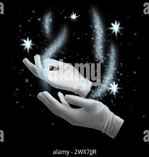 Magician performing magic trick on black background, closeup Stock Photo