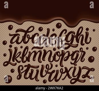 Latin alphabet made of dark melted chocolate. Liquid font style. Vector. Stock Vector