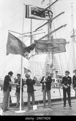 SPECIALLY COMMISSIONED FLAGS FROM  AUSTRALIAN DESIGNER JOHN VAUGHAN ARE RAISED AS THE BICENTENARY FIRST FLEET SAILS FROM PORTSMOUTH, 1988 PIC MIKE WALKER 1988 Stock Photo