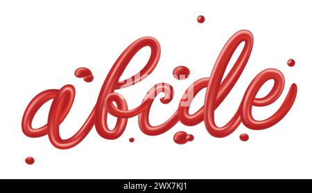 Tomato ketchup font set with drops isolated on white background. English alphabet made of sauce, liquid and glossy. Red abc set for poster, packaging. Stock Vector