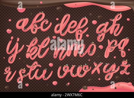 Pink Cream on Chocolate Wafer Background. Ice cream font. Stock Vector