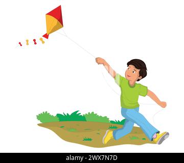 Cute boy flying kite in the garden Stock Vector