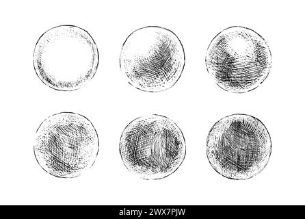 Hand drawn shaded spheres. Simple black pen and ink doodle sketches of circles with different types of shading texture. Shading tutorial, hand sketch Stock Vector