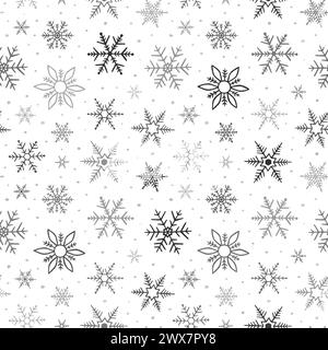 Snowflake seamless pattern. Repeating snowflakes patern. Hand draw winter design for prints. Repeated black frozen snow isolated on white background Stock Vector