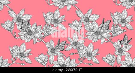 Flowers Seamless Pattern . Line Magnolia Illustrations. Vintage Engraving Floral Art. Romantic Background. Stock Vector
