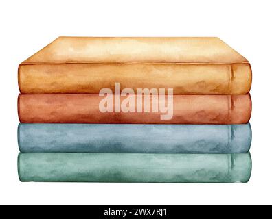 Watercolor illustration stacks of books for reading, pile of textbooks for education. Set of literature, dictionaries, encyclopedias. Colored Stock Photo