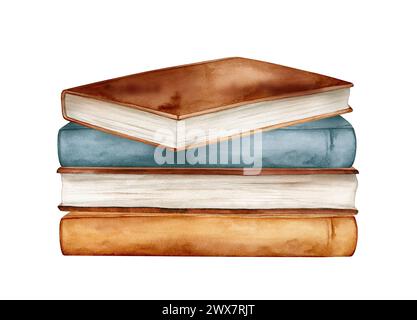 Watercolor illustration stacks of books for reading, pile of textbooks for education. Set of literature, dictionaries, encyclopedias. Colored Stock Photo