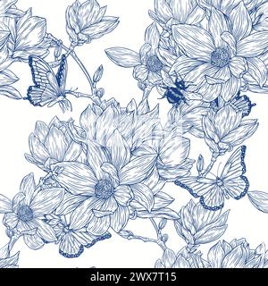 Flowers Seamless Pattern . Line Magnolia Illustrations. Vintage Engraving Floral Art. Romantic Background. Stock Vector