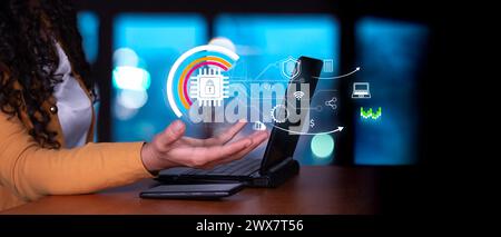 Concepts business woman works securely with privacy software to protect data. Padlock icon and enterprise network security technology. Stock Photo