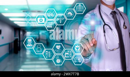 doctor interacting with virtual screen, touching medical graphics. health services icons. Innovative medical technology and network connection. Stock Photo