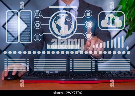 concept Global enterprise command center: Entrepreneur interacting with a secure holographic network Stock Photo
