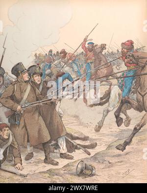 Battle of Champaubert: young soldiers of Empress Marie-Louise's army, surrounded by veterans of Napoleon I's Grande Armée, known as 'the Marie-Louise'. February 1814.  Illustration by Job published in the book 'Allons, Enfants de la Patrie !...' by Jean Richepin. Published by A. Mame et fils in 1920. Stock Photo