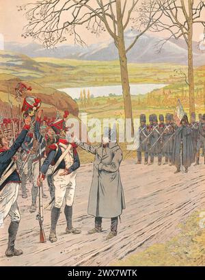 Hundred Days period: Napoleon I marches towards Paris and meets soldiers whom he persuades to let him pass. March 1815  Illustration by Job from the book 'Napoléon' written by Georges Montorgueil, published in 1921 by Boivin (Paris). Stock Photo