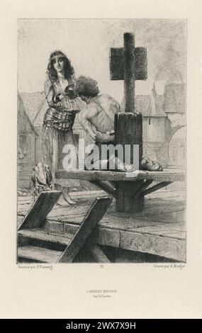 The Hunchback of Notre-Dame, Book VI, Chapter IV : A Tear for a drop of Water.  Etched plate 17, published in Victor Hugo's 'Oeuvres complètes', first series, Paris, L. Hébert éditeur (circa 1885).  Engraving by Augustin Mongin, after François Flameng. Stock Photo