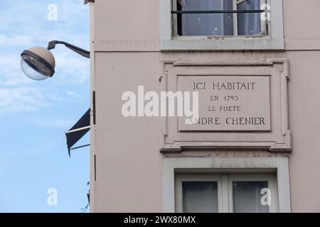 Paris, 2nd arrondissement, 97 rue de Cléry, corner of a building with the rue Beauregard, André Chenier lived here, Stock Photo