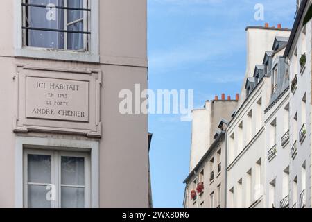 Paris, 2nd arrondissement, 97 rue de Cléry, corner of a building with the rue Beauregard, André Chenier lived here, Stock Photo