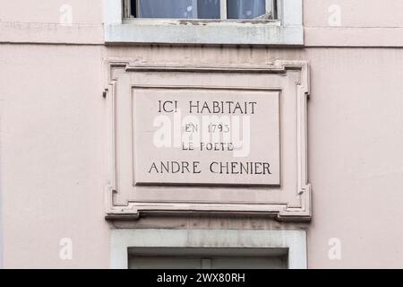 Paris, 2nd arrondissement, 97 rue de Cléry, corner of a building with the rue Beauregard, André Chenier lived here, Stock Photo