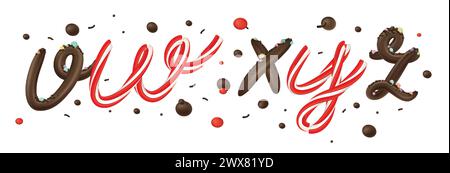 Christmas candy cane and chocolate 3d alphabet isolated on white background. Vector illustration. Stock Vector