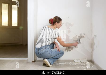 Saltpeter on the wall problem. Woman is using a scraper to scrape and remove all loose paint and plaster that is in poor condition, until a firm surfa Stock Photo