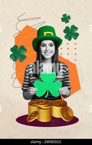 Collage of black white silhouette young attractive lady hold in hand lucky leaf cauldron huge pile gold coins celebrate St Patrick Day Stock Photo