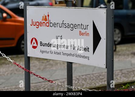 Berlin, Germany. 28th Mar, 2024. A sign points to the Youth Employment Agency and the Federal Employment Agency at the Tempelhof-Schöneberg Job Center. Credit: Jens Kalaene/dpa/Alamy Live News Stock Photo
