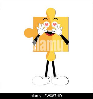 Puzzles faces. Funny bright puzzle pieces characters cute smile or angry face emotion, jigsaw emoji join friends creative shape cartoon mascot concept Stock Vector