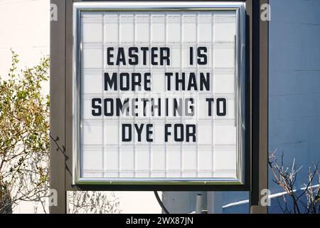 Bronx, NY - March 21, 2024: Easter Sunday local protestant church sign with unique message. Stock Photo