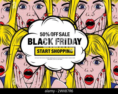 'Get Extra 70% Off. Super Sale. Use code sale in stores and online' Banner with Surprised Blonde Girl (retro comic art style) in pop art style. Stock Vector