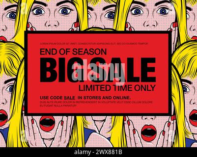 "Get Extra 70% Off. Super Sale. Use code sale in stores and online" Banner with Surprised Blonde Girl (retro comic art style) in pop art style. Stock Vector