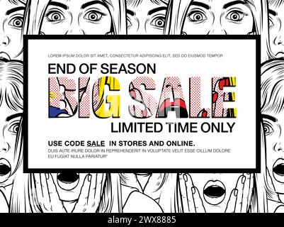 "Get Extra 70% Off. Super Sale. Use code sale in stores and online" Banner with Surprised Blonde Girl (retro comic art style) in pop art style. Stock Vector