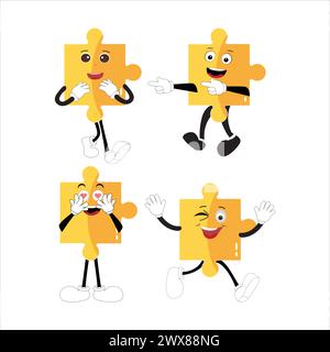 Puzzles faces. Funny bright puzzle pieces characters cute smile or angry face emotion, jigsaw emoji join friends creative shape cartoon mascot concept Stock Vector