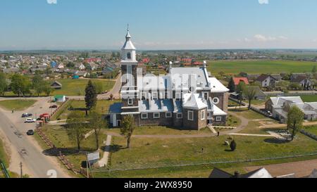 The Catholic Church of Our Lady of Ruzhantsova in the village of Radun. Belarus. Aerial view. Stock Photo