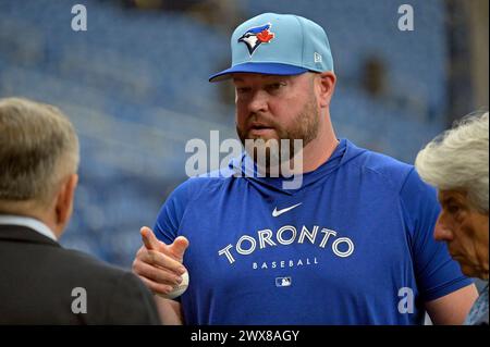 St. Petersburg, United States. 28th Mar, 2024. Toronto Blue Jays manager John Schneider talks with reporters before a baseball game against the Tampa Bay Rays at Tropicana Field in St. Petersburg, Florida on Thursday, March 28, 2024. Photo by Steve Nesius/UPI Credit: UPI/Alamy Live News Stock Photo