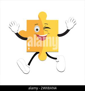 Puzzles faces. Funny bright puzzle pieces characters cute smile or angry face emotion, jigsaw emoji join friends creative shape cartoon mascot concept Stock Vector
