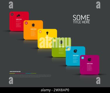 Vector Infographic template with fresh color rounded square diagonal cards and icons and descriptions. Simple minimalistic multipurpose infographic te Stock Vector