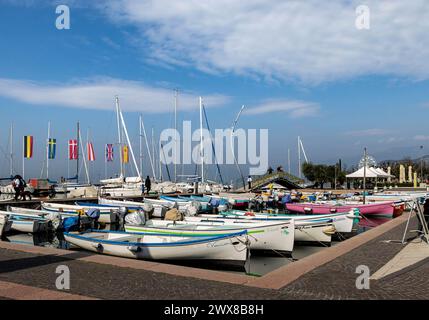 Bardolino, Lake Garda, Italy - 23 March 2024 Colorful fishing boats at ...