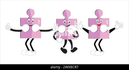 Puzzles faces. Funny bright puzzle pieces characters cute smile or angry face emotion, jigsaw emoji join friends creative shape cartoon mascot concept Stock Vector