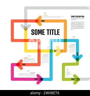 Colorful simple infochart tangle timeline template with arrows on thin color line, icons, short descriptions and year numbers. Infographic timeline Stock Vector