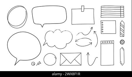 Doodle paper notes set. Paper sheets, speech bubbles, bookmarks, pins and arrows. Vector illustration Stock Vector
