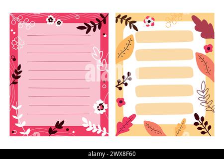 Paper notes decorated with leaves and flowers. Templates for memo, reminder or to do list. Vector illustration Stock Vector