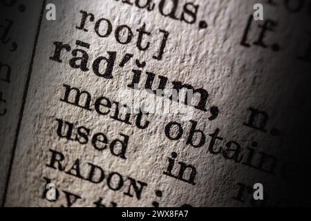 Word radium on dictionary page, macro close-up Stock Photo